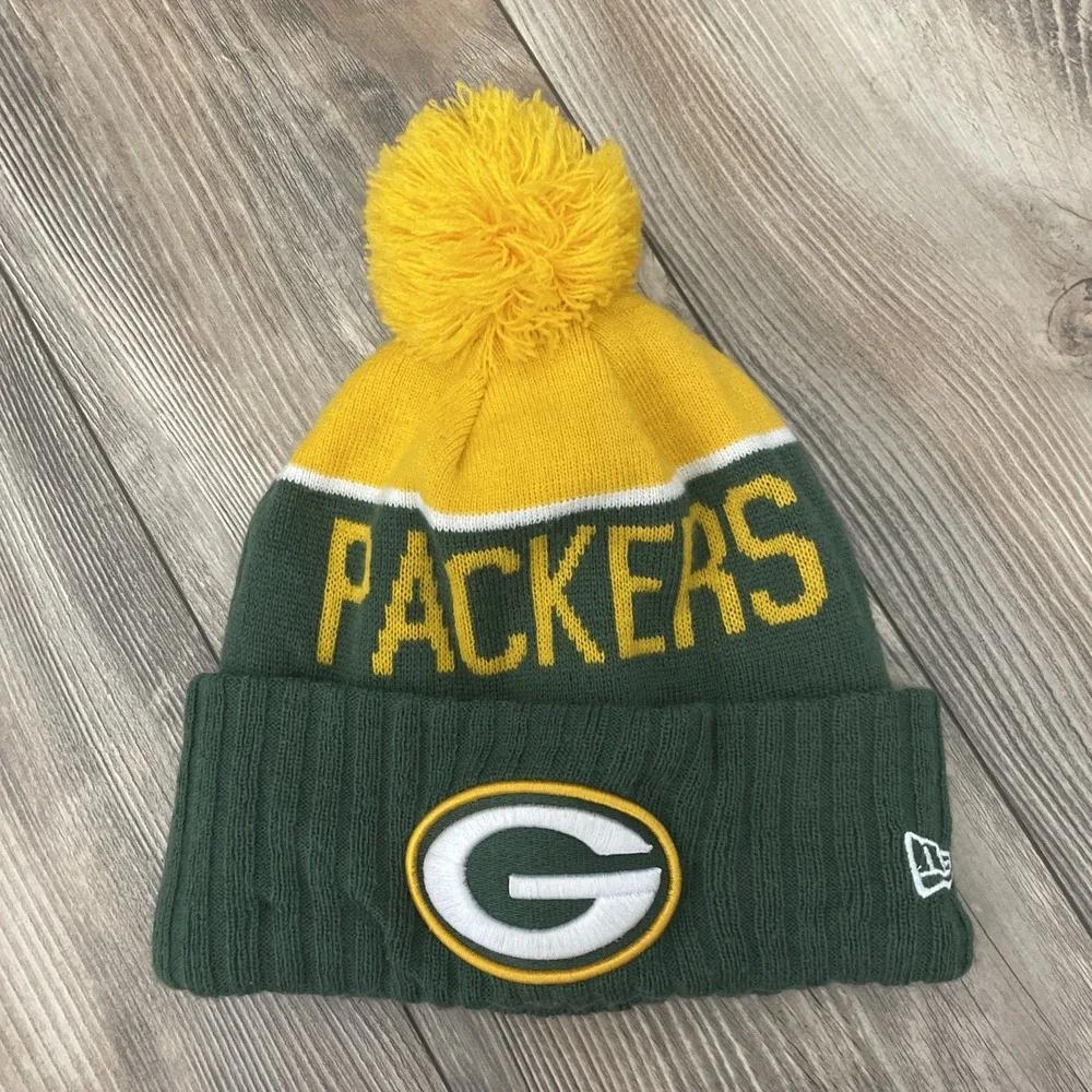 Green Bay Packers Hat Adult One Size Green Football‎ New Era Beanie Fleece Lined